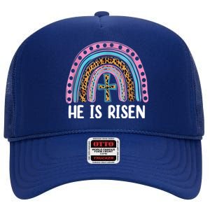 He Is Risen Rainbow Easter Cross High Crown Mesh Back Trucker Hat