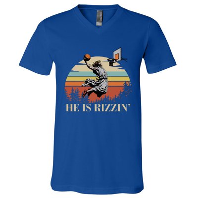 He Is Rizzin Jesus Playing Basketball Funny Easter Day V-Neck T-Shirt