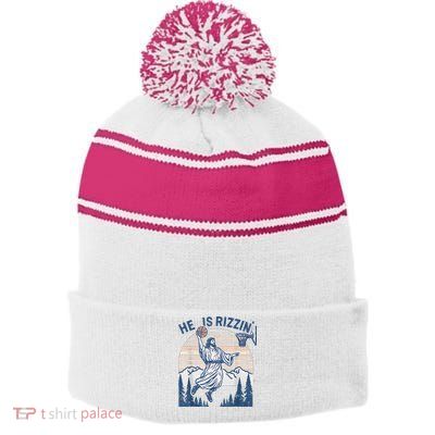 He Is Rizen Funny Easter Basketball Jesus Stripe Pom Pom Beanie