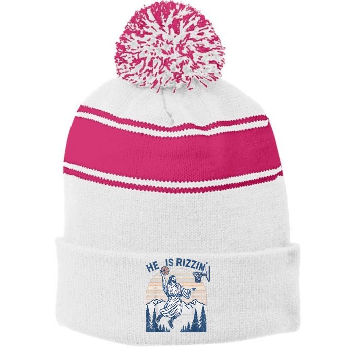 He Is Rizen Funny Easter Basketball Jesus Stripe Pom Pom Beanie