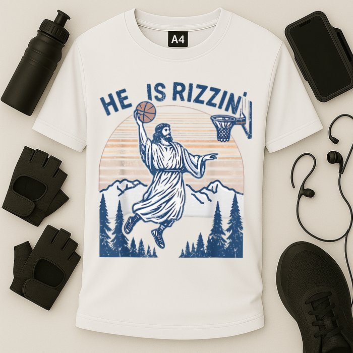 He Is Rizen Funny Easter Basketball Jesus Cooling Performance Crew T-Shirt