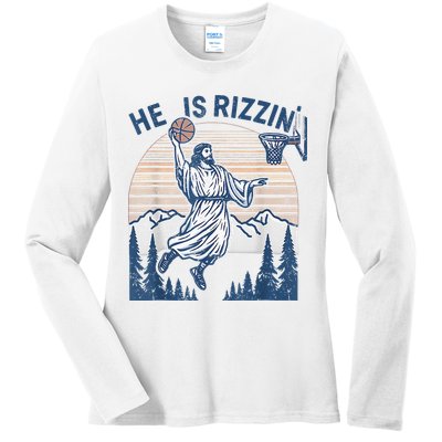 He Is Rizen Funny Easter Basketball Jesus Ladies Long Sleeve Shirt