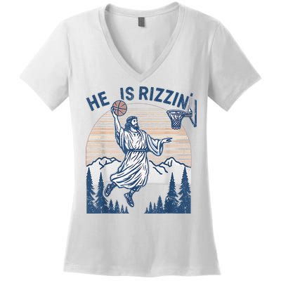 He Is Rizen Funny Easter Basketball Jesus Women's V-Neck T-Shirt