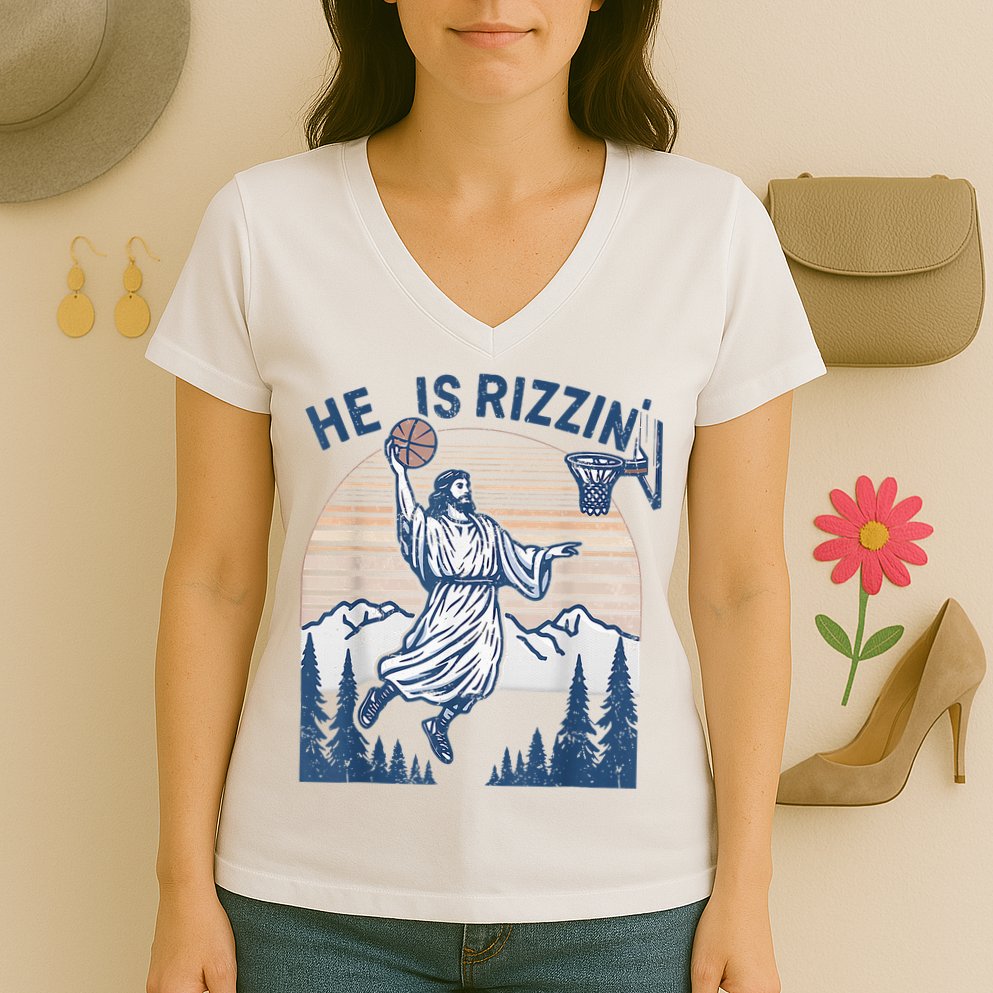 He Is Rizen Funny Easter Basketball Jesus Women's V-Neck T-Shirt