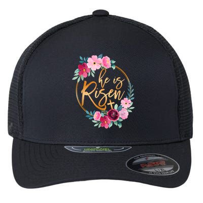 He is Risen Jesus Christian Easter Floral Wreath  Flexfit Unipanel Trucker Cap