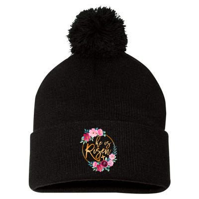 He is Risen Jesus Christian Easter Floral Wreath  Pom Pom 12in Knit Beanie
