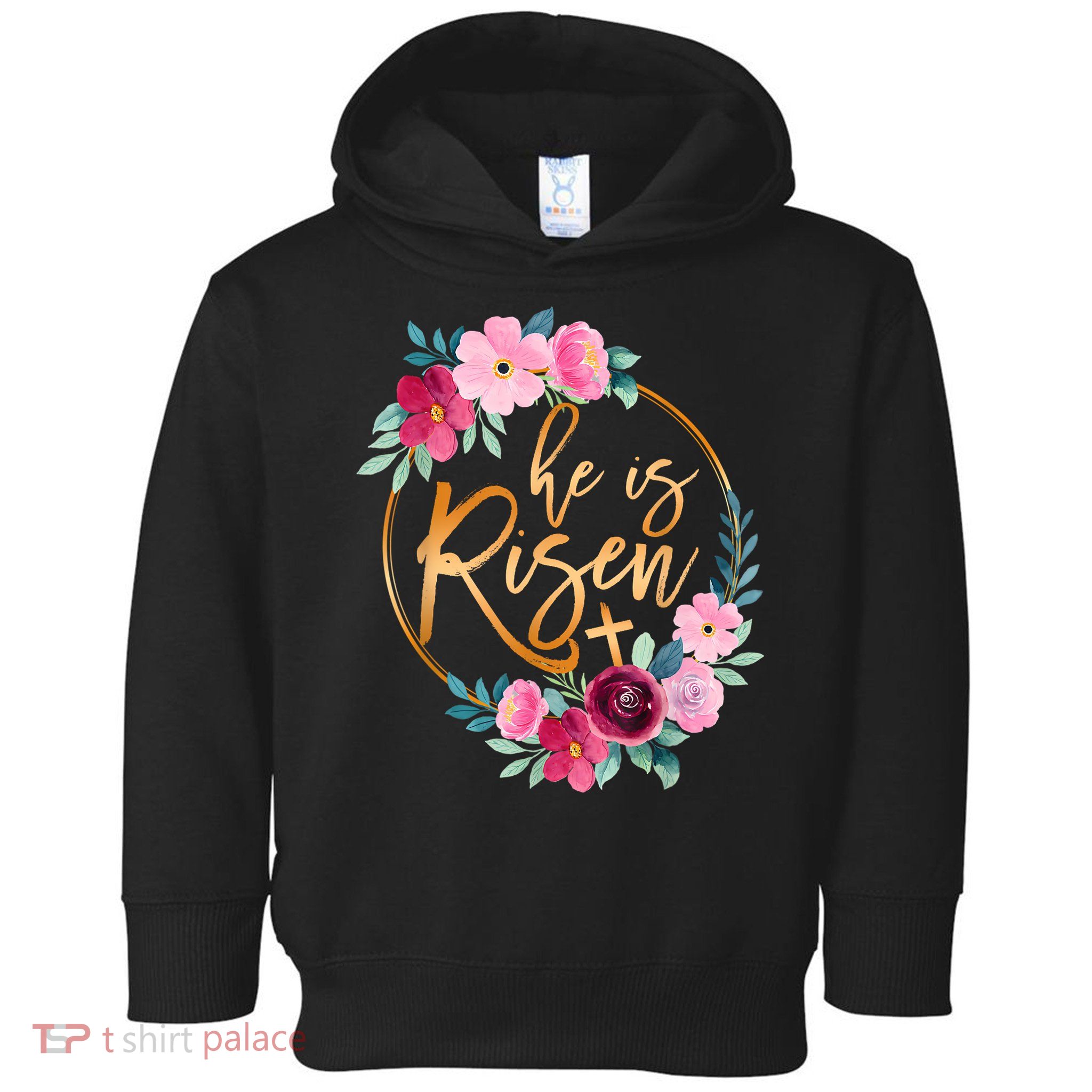 He is Risen Jesus Christian Easter Floral Wreath  Toddler Hoodie