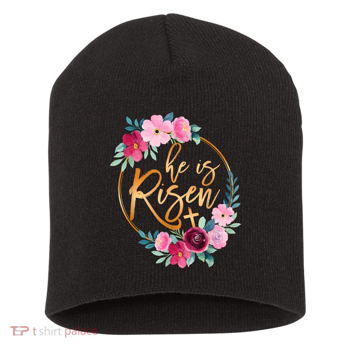 He is Risen Jesus Christian Easter Floral Wreath  Short Acrylic Beanie
