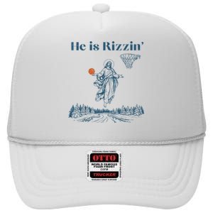 He Is Rizzin Jesus Christian Religious Basketball Easter High Crown Mesh Back Trucker Hat