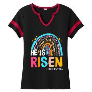 He Is Risen Leopard Rainbow Christian Jesus Happy Easter Day Ladies Halftime Notch Neck Tee