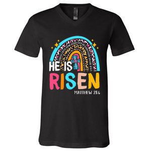 He Is Risen Leopard Rainbow Christian Jesus Happy Easter Day V-Neck T-Shirt