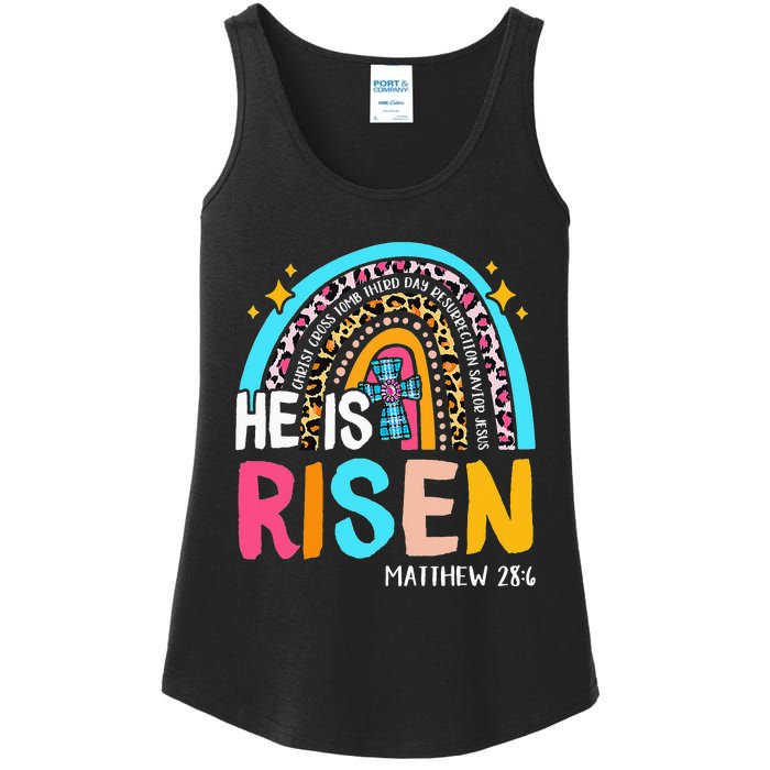 He Is Risen Leopard Rainbow Christian Jesus Happy Easter Day Ladies Essential Tank