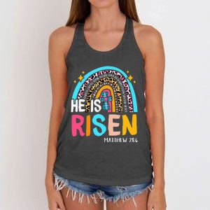 He Is Risen Leopard Rainbow Christian Jesus Happy Easter Day Women's Knotted Racerback Tank