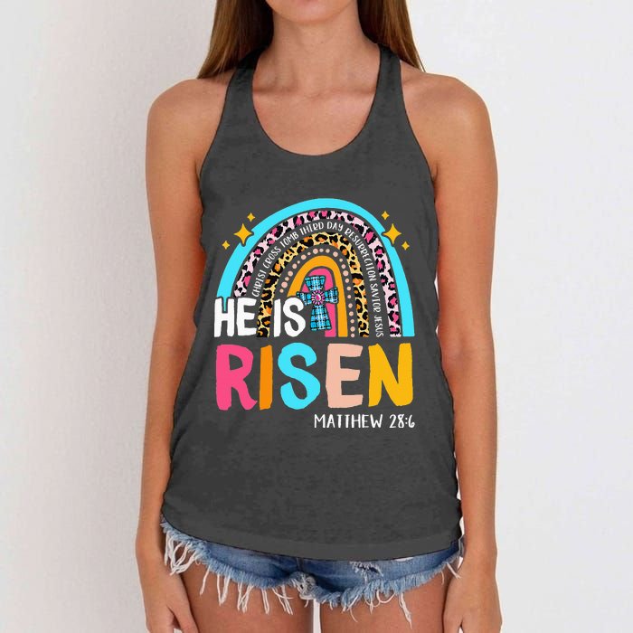 He Is Risen Leopard Rainbow Christian Jesus Happy Easter Day Women's Knotted Racerback Tank