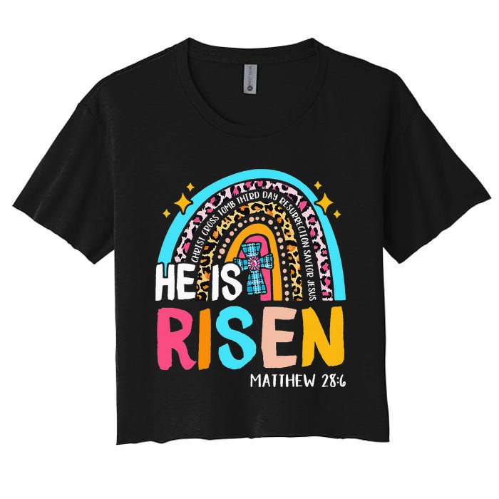 He Is Risen Leopard Rainbow Christian Jesus Happy Easter Day Women's Crop Top Tee