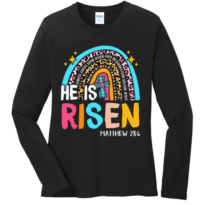 He Is Risen Leopard Rainbow Christian Jesus Happy Easter Day Ladies Long Sleeve Shirt