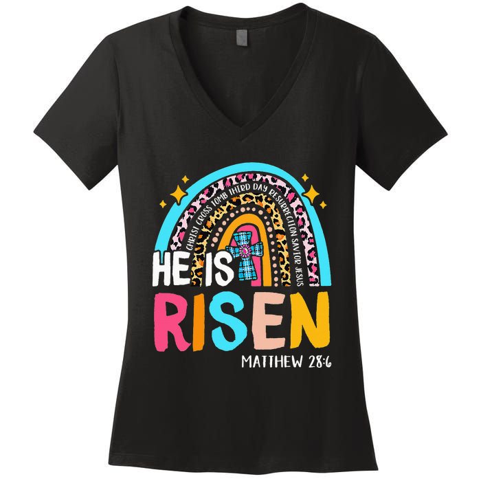 He Is Risen Leopard Rainbow Christian Jesus Happy Easter Day Women's V-Neck T-Shirt