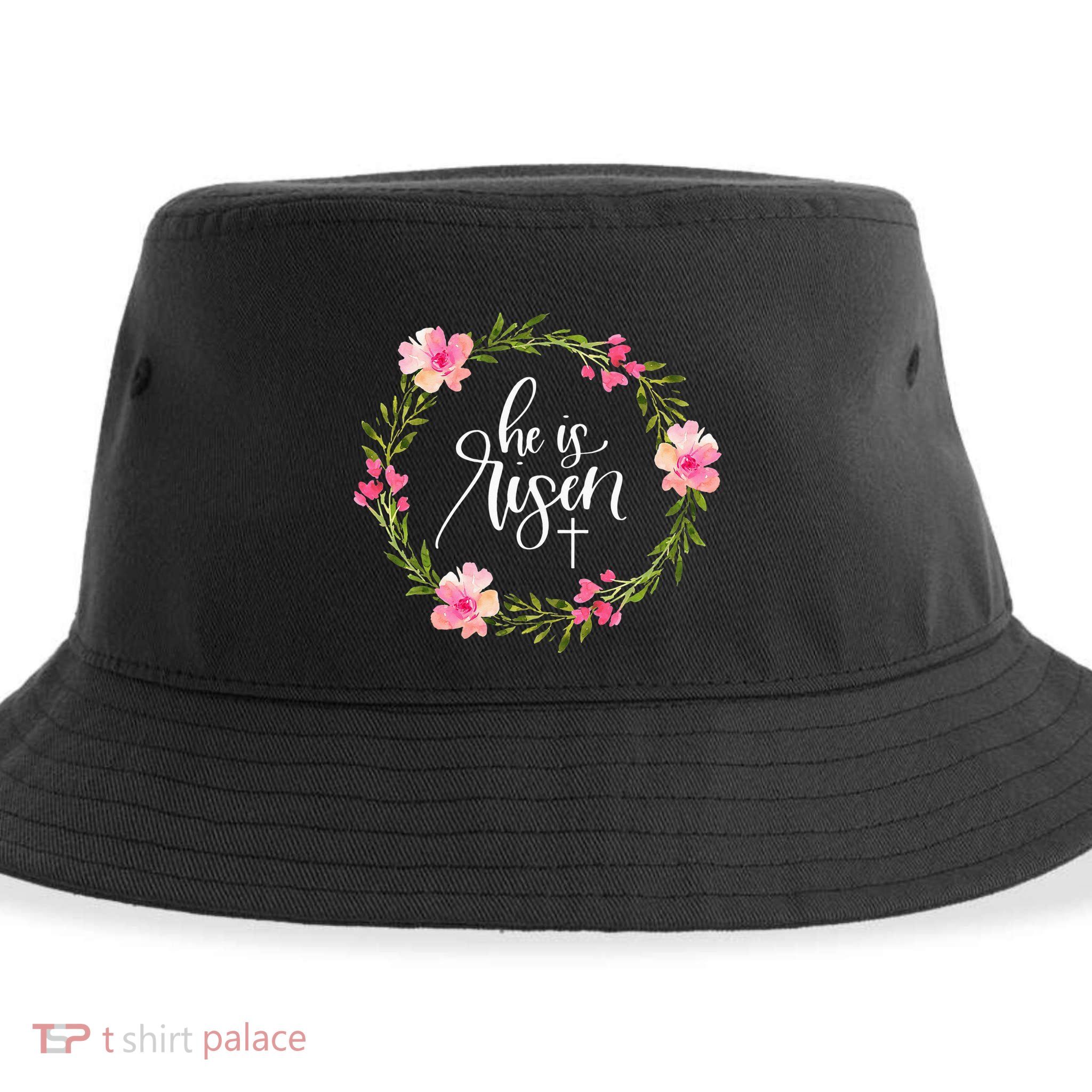 He is Risen Jesus Christian Happy Easter Floral Wreath Sustainable Bucket Hat
