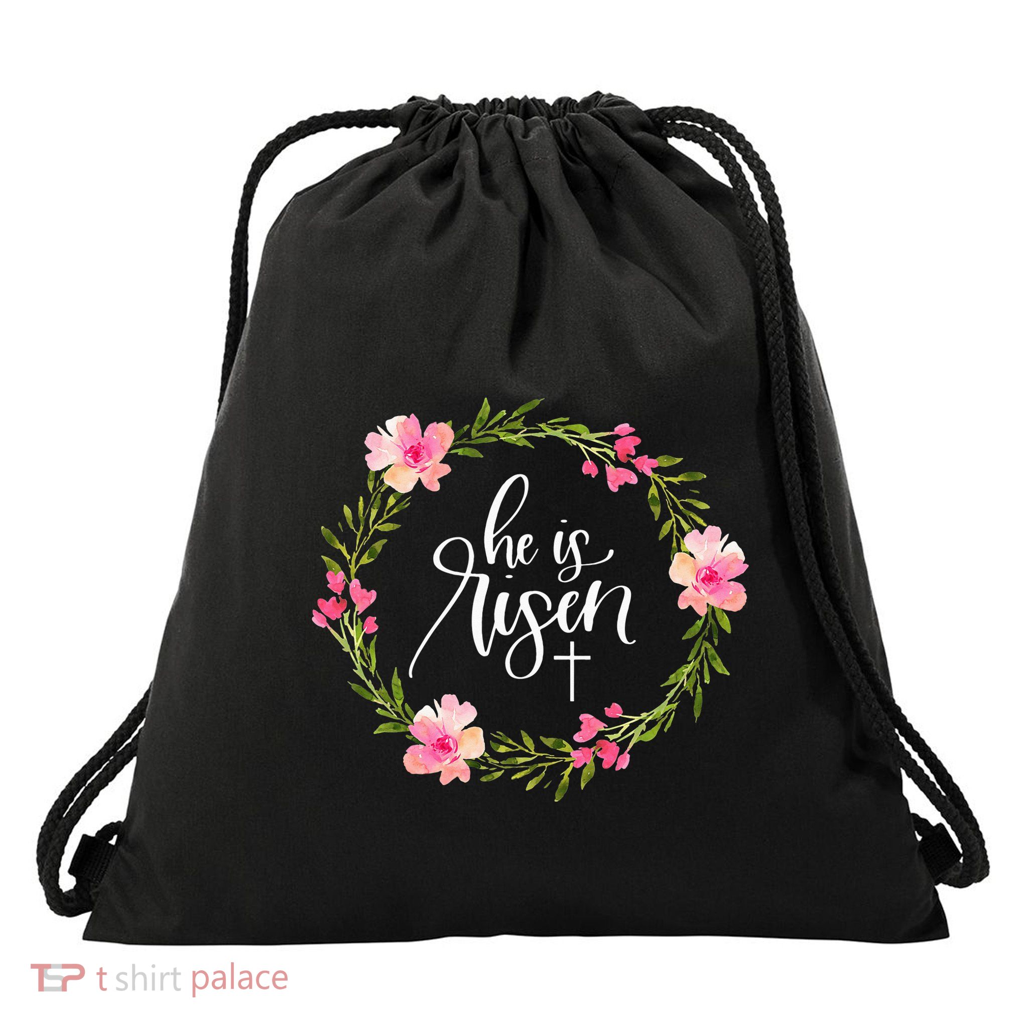He is Risen Jesus Christian Happy Easter Floral Wreath Drawstring Bag
