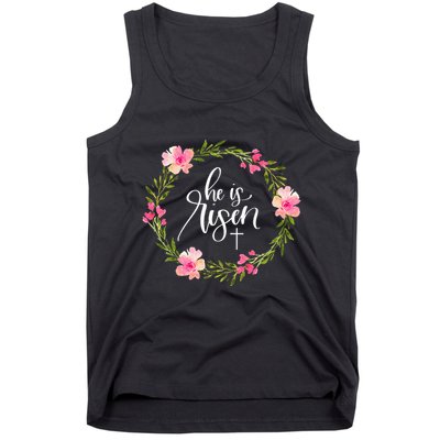 He is Risen Jesus Christian Happy Easter Floral Wreath Tank Top