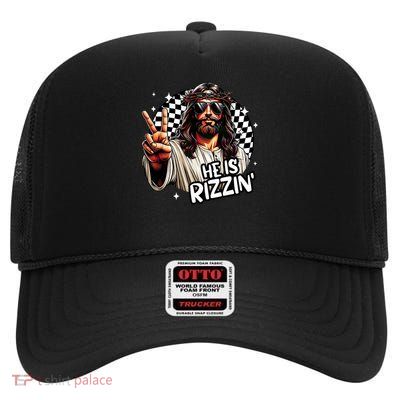He Is Rizzin' Jesus Christian Happy Easter Hunt Eggs Funny High Crown Mesh Back Trucker Hat
