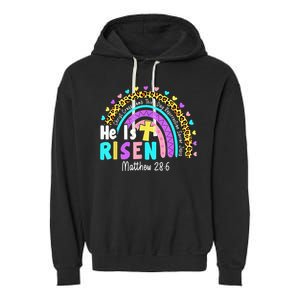 He Is Risen Matthew 28 6 Christian Rainbow Easter Garment-Dyed Fleece Hoodie