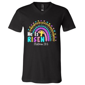 He Is Risen Matthew 28 6 Christian Rainbow Easter V-Neck T-Shirt