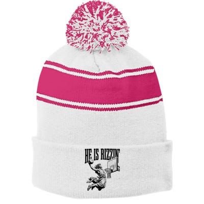 He Is Rizzin Basketball Christian Religious Stripe Pom Pom Beanie