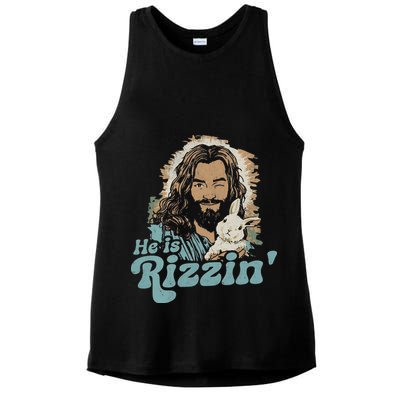He Is Rizzin Funny Cute Jesus Bunny Easter Christian Boy Ladies PosiCharge Tri-Blend Wicking Tank