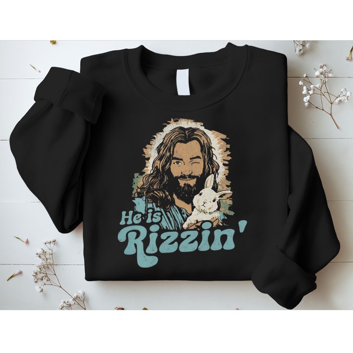 He Is Rizzin Funny Cute Jesus Bunny Easter Christian Boy Sweatshirt