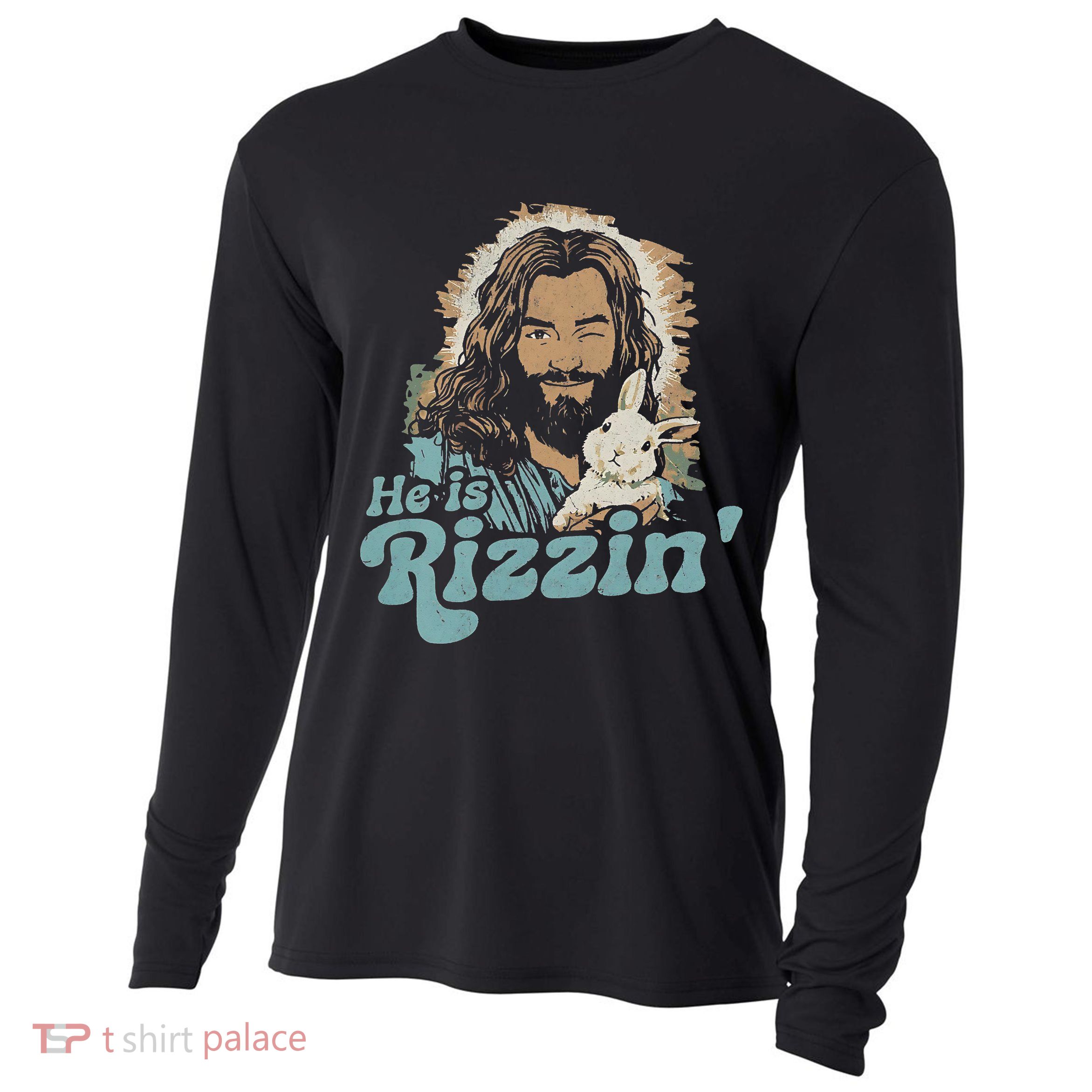 He Is Rizzin Funny Cute Jesus Bunny Easter Christian Boy Cooling Performance Long Sleeve Crew