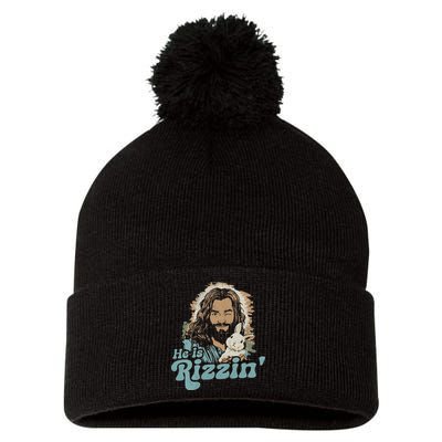 He Is Rizzin Funny Cute Jesus Bunny Easter Christian Boy Pom Pom 12in Knit Beanie