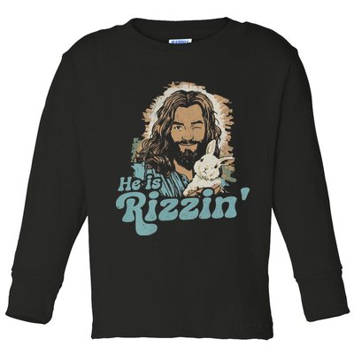 He Is Rizzin Funny Cute Jesus Bunny Easter Christian Boy Toddler Long Sleeve Shirt