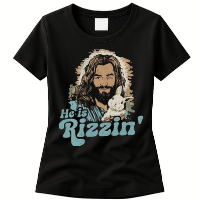 He Is Rizzin Funny Cute Jesus Bunny Easter Christian Boy Womens T-Shirt