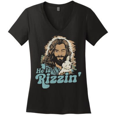 He Is Rizzin Funny Cute Jesus Bunny Easter Christian Boy Women's V-Neck T-Shirt