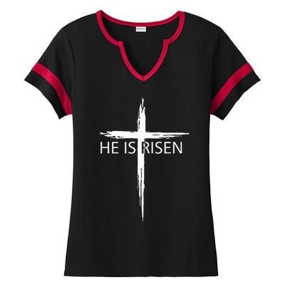 He Is Risen Pocket Christian Easter Jesus Religious Cross Ladies Halftime Notch Neck Tee