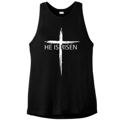 He Is Risen Pocket Christian Easter Jesus Religious Cross Ladies PosiCharge Tri-Blend Wicking Tank