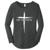 He Is Risen Pocket Christian Easter Jesus Religious Cross Women's Perfect Tri Tunic Long Sleeve Shirt