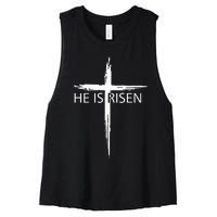 He Is Risen Pocket Christian Easter Jesus Religious Cross Women's Racerback Cropped Tank