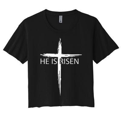 He Is Risen Pocket Christian Easter Jesus Religious Cross Women's Crop Top Tee