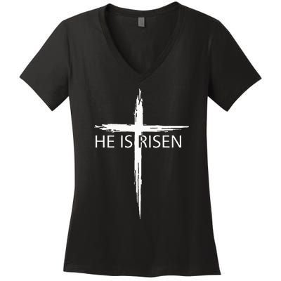 He Is Risen Pocket Christian Easter Jesus Religious Cross Women's V-Neck T-Shirt