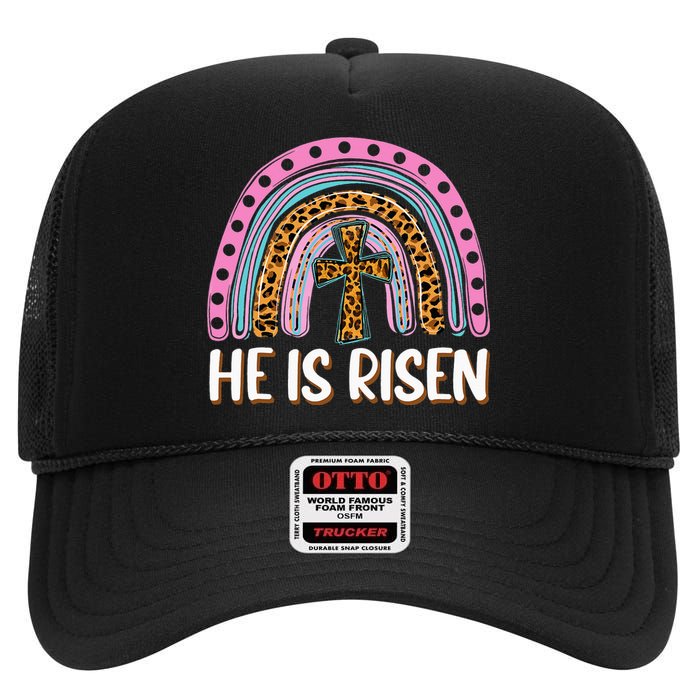 He Is Risen Leopard Rainbow Christian Jesus Happy Easter Day High Crown Mesh Back Trucker Hat