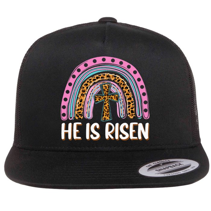 He Is Risen Leopard Rainbow Christian Jesus Happy Easter Day Flat Bill Trucker Hat