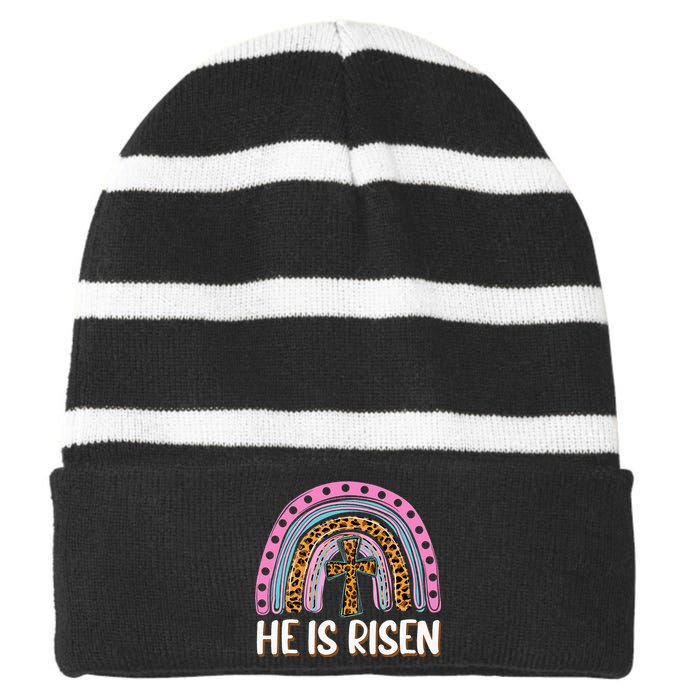 He Is Risen Leopard Rainbow Christian Jesus Happy Easter Day Striped Beanie with Solid Band