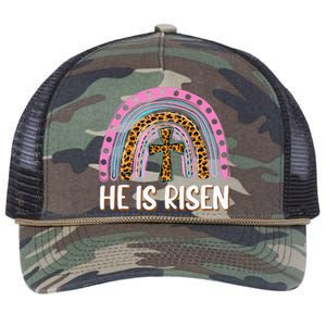 He Is Risen Leopard Rainbow Christian Jesus Happy Easter Day Retro Rope Trucker Hat Cap