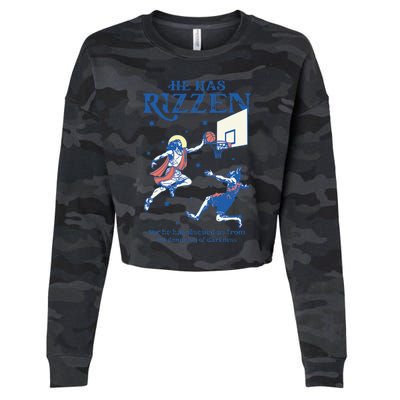 He Is Rizzin Funny Easter Day Jesus Playing Basketball Cropped Pullover Crew