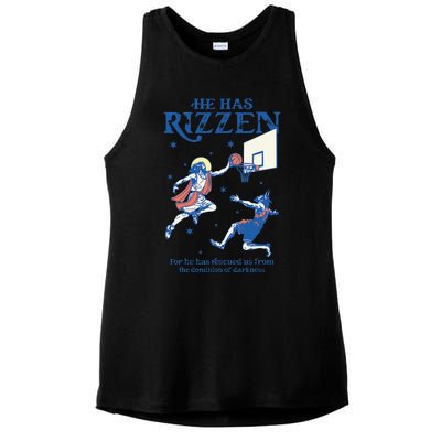 He Is Rizzin Funny Easter Day Jesus Playing Basketball Ladies PosiCharge Tri-Blend Wicking Tank