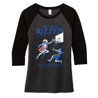 He Is Rizzin Funny Easter Day Jesus Playing Basketball Women's Tri-Blend 3/4-Sleeve Raglan Shirt