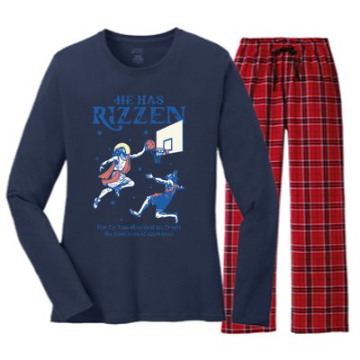 He Is Rizzin Funny Easter Day Jesus Playing Basketball Women's Long Sleeve Flannel Pajama Set 