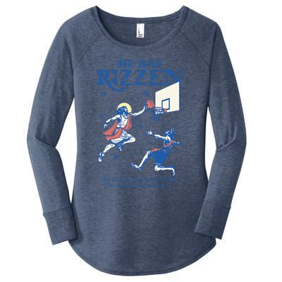 He Is Rizzin Funny Easter Day Jesus Playing Basketball Women's Perfect Tri Tunic Long Sleeve Shirt